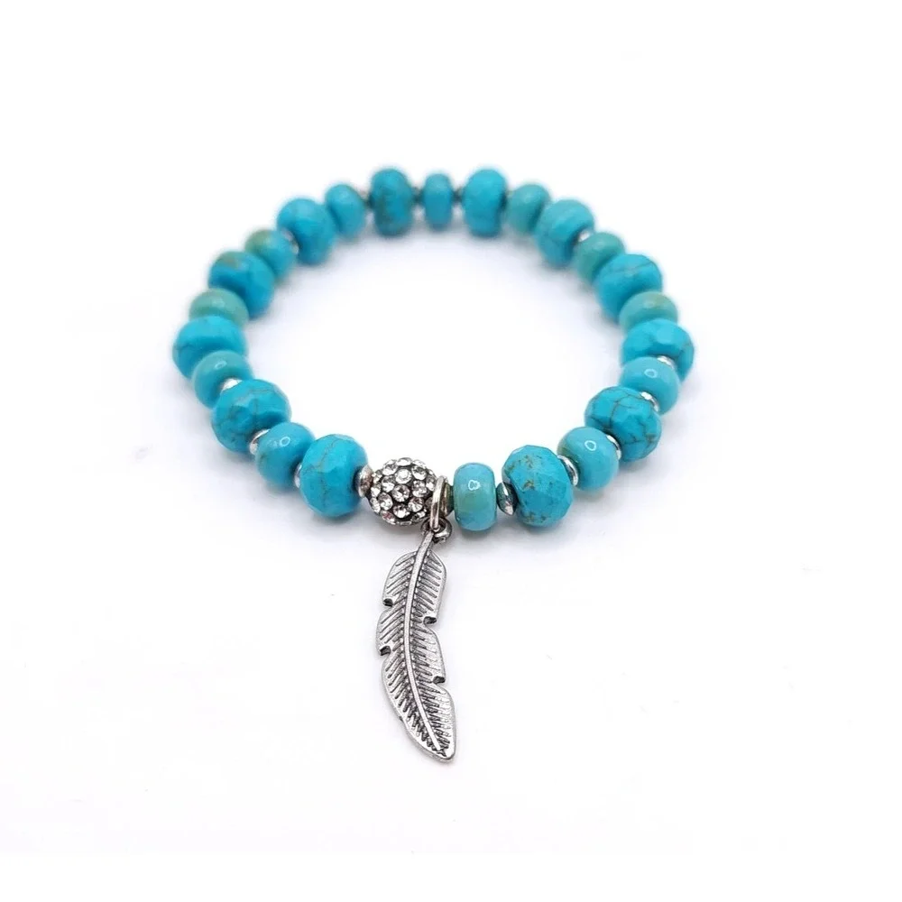 Turquoise Dyed Howlite Stretch Bracelet Silver Feather Charm Boho